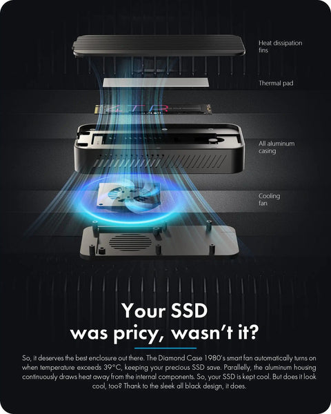 Dang Fast M.2 NVMe SSD Enclosure With Integrated Cooling Fan And Heavy Duty Aluminum Housing showing internal cooling features and thermal components.