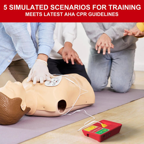 XFT AED trainer mannequin on mat with chest defibrillator pads and red training device (front view)