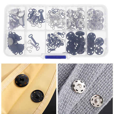 100 Piece Brass Pants Hook Fastener Kit For Clothing Repair And DIY Garment Accessories Snaps Clasps Hooks And Hand Sewing Tools For Trousers And Crafts, assorted hooks and snaps in organizer