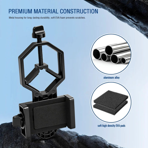 Smartphone Telescope Adapter Mount Universal Clip with aluminum alloy and EVA pad, detail of durable metal construction components.