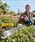 Man using 22 Inch Cordless Hedge Trimmer With Dual Action Blade And 20V Power, Includes 2 Batteries, Debris Collector feature in garden