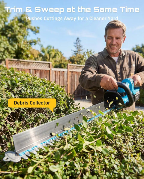 Man using 22 Inch Cordless Hedge Trimmer With Dual Action Blade And 20V Power, Includes 2 Batteries, Debris Collector feature in garden