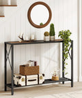 Smooth Vibes Two Tier Industrial Console Table With Open Storage Shelves For Tight Hallways Rustic Wood Surface Heavy Steel Legs Built Damn Tough No Hassle Setup Living Room Corner Unit display with decor and plants.