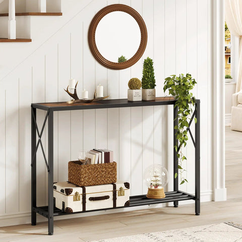 Smooth Vibes Two Tier Industrial Console Table With Open Storage Shelves For Tight Hallways Rustic Wood Surface Heavy Steel Legs Built Damn Tough No Hassle Setup Living Room Corner Unit display with decor and plants.