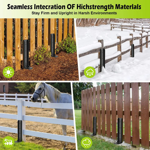 4 Pack Heavy Duty Fence Post Repair Kit With Ground Stakes For Fixing Tilted Or Broken Wood Posts in various outdoor settings.