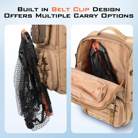 Foldable Lightweight Landing Net With Built In Length Scale And 61In Extendable Aluminum Handle in backpack and clipped to side