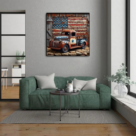 Living room decor with an American flag themed 5D Diamond Art Kit for Adults Beginners, 13.7 by 13.7 inches, wall art above sofa.