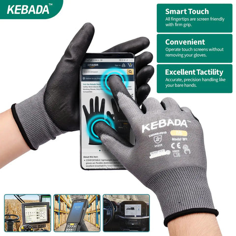 W1 PU Coated Work Gloves For Men And Women With Grippy Touchscreen Compatibility, shown using a touchscreen device.