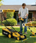 Person using Cordless Lawn Mower And String Trimmer Combo 20V 13-Inch Mower And 12-Inch Trimmer With 2x4.0Ah Batteries in yard