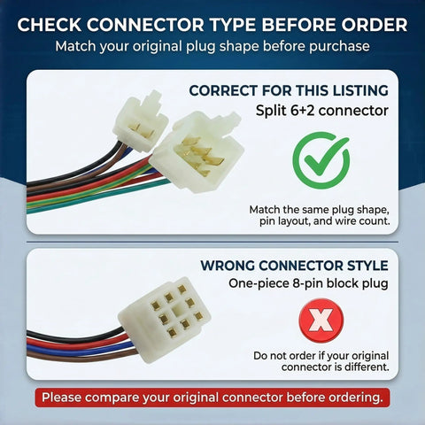 Comparison of correct split 6+2 connector versus incorrect 8-pin block plug for Three Function Left Handlebar Starter Switch Kit.