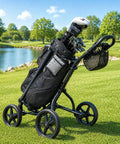 Golf bag on cart beside lake with trees, not showing Two Pack Golf Tee Pouches With Clip, Grab And Go Nylon Zipper Bag.
