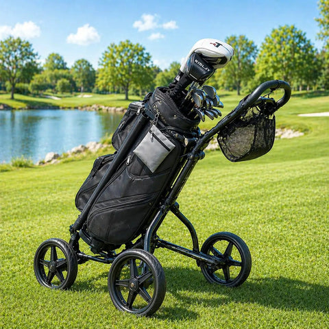 Golf bag on cart beside lake with trees, not showing Two Pack Golf Tee Pouches With Clip, Grab And Go Nylon Zipper Bag.