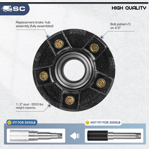Pro Grade Trailer Idler Hub Assembly Set Of 2 Featuring 5 Lug 4.5 Inch Bolt Pattern close-up of the assembly with gold studs.
