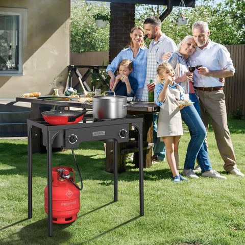 Two Burner Outdoor Propane Gas Stove With Adjustable Regulator 150,000 BTU High Pressure Stand Cooker in backyard setting