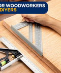 User measuring wood layout with Killer Combination Square And 12 Inch Rafter Square Carpenter Tool Set Rocking Aluminum Alloy Head And Stainless Steel Ruler For Zero Stress Layout Work And Fast DIY Builds.