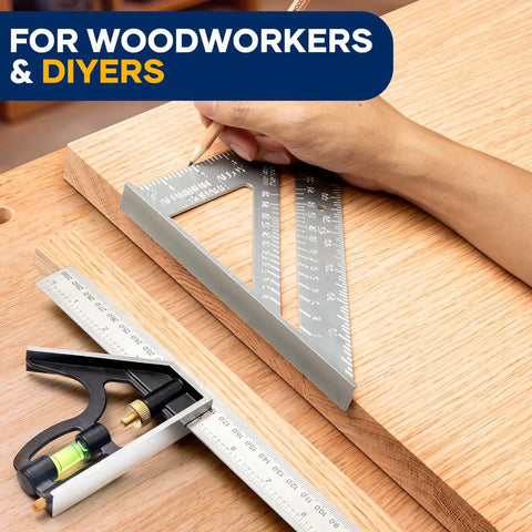 User measuring wood layout with Killer Combination Square And 12 Inch Rafter Square Carpenter Tool Set Rocking Aluminum Alloy Head And Stainless Steel Ruler For Zero Stress Layout Work And Fast DIY Builds.