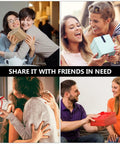 Collage of friends joyfully exchanging gift boxes with text 'Share it with friends in need' in the center.