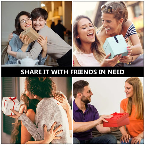 Collage of friends joyfully exchanging gift boxes with text 'Share it with friends in need' in the center.