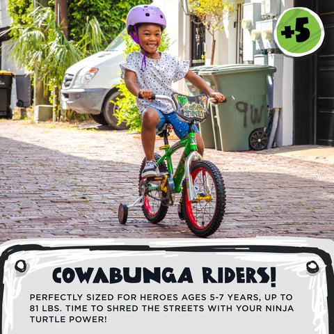Child riding Teenage Mutant Ninja Turtles 16 Inch BMX Bike for Kids Ages 5 to 7 with purple helmet on cobblestone street.