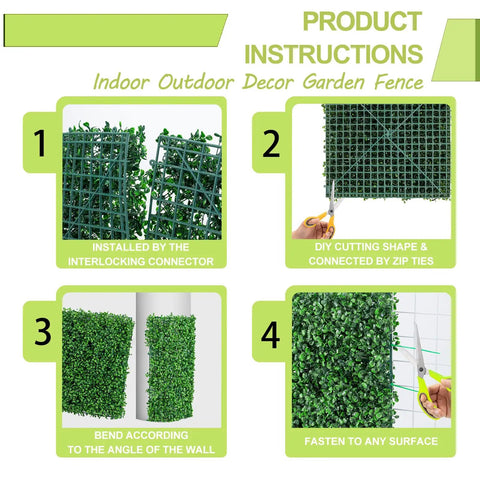 Thick 2 Inch Boxwood Hedge Panels 12 Pack 10x10 Inch Artificial Grass Wall Backdrop For Indoor Outdoor Privacy No Fuss Easy Setup UV Resistant Greenery Screen For Patio Balcony Fence Garden Party Decor steps for easy DIY installation.