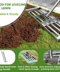 Stainless Steel Lawn Leveling Rake With 72 Inch Two Section Handle Heavy Duty Top Dressing Tool leveling soil on a lawn.