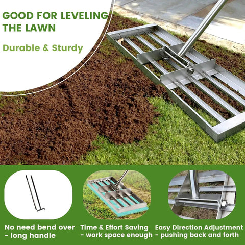 Stainless Steel Lawn Leveling Rake With 72 Inch Two Section Handle Heavy Duty Top Dressing Tool leveling soil on a lawn.