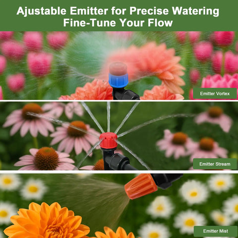 Smart Outdoor Drip Irrigation System with Quick Connect Tubing and Adjustable Sprinkler Heads focused on watering flowers.
