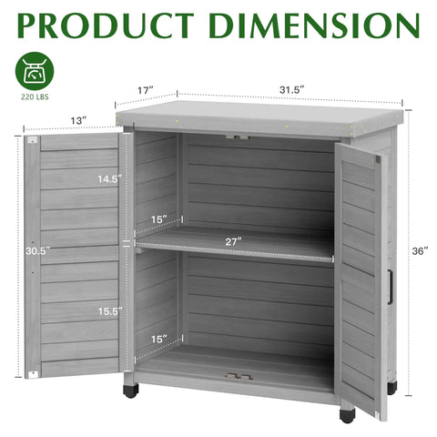 Outdoor Storage Cabinet And Potting Bench With Metal Top For Garden Workstation, dimensions shown in 36x31x17in classic grey