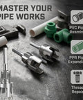 Complete 3Pc Pvc Pipe Threading Tool Kit For 1/2, 3/4, And 1 Inch Pipes showing cutters and PVC fittings on a work surface.