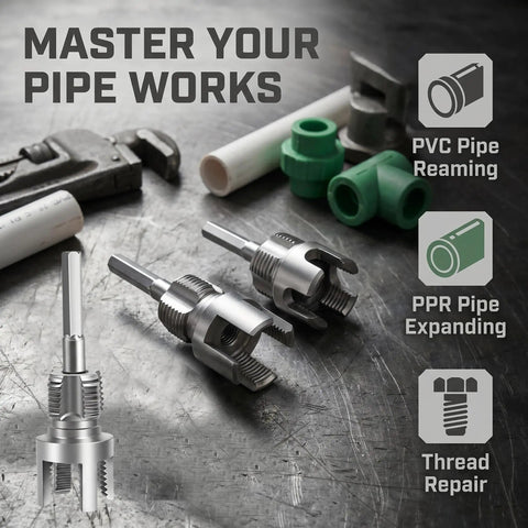 Complete 3Pc Pvc Pipe Threading Tool Kit For 1/2, 3/4, And 1 Inch Pipes showing cutters and PVC fittings on a work surface.