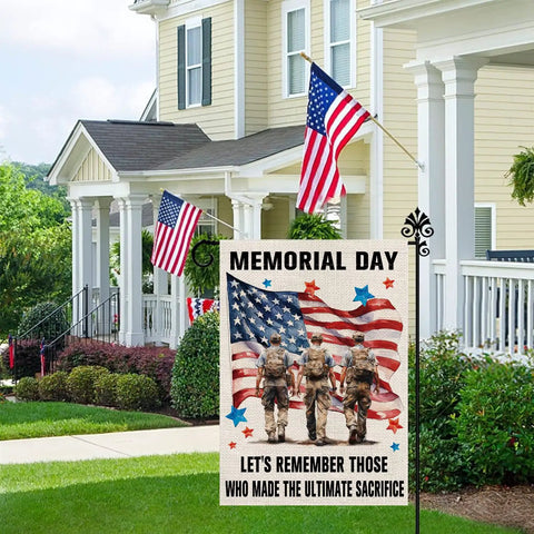 Patriotic Memorial Day Garden Flag Double Sided Vertical Yard Decor 12.5x18 Inches Stars And Stripes For 4th Of July Veterans American Pride Outdoor Flag displayed in front of a house with American flags.