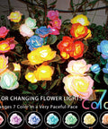 Solar Rose Garden Lights 4 Pack With Upgraded Large Solar Panel 7 Color Changing Roses glowing in vibrant colors in garden.