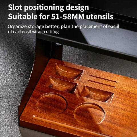 Heavy Duty Wall Mount Coffee Bean Storage Tower Three Tier Wooden Espresso Tool Rack with slot design for utensils.