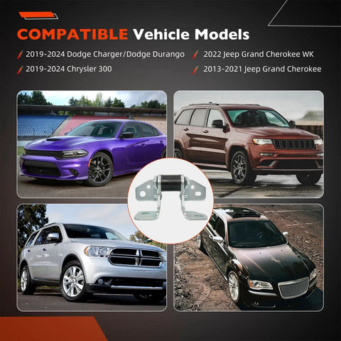 Premium Steel Lower Door Hinge Driver Side Left Front Hella Strong Straight Bolt Up Auto Replacement Fits Dodge Charger Durango Chrysler 300 Jeep Grand Cherokee Replaces 55113665AI with compatible vehicle images.