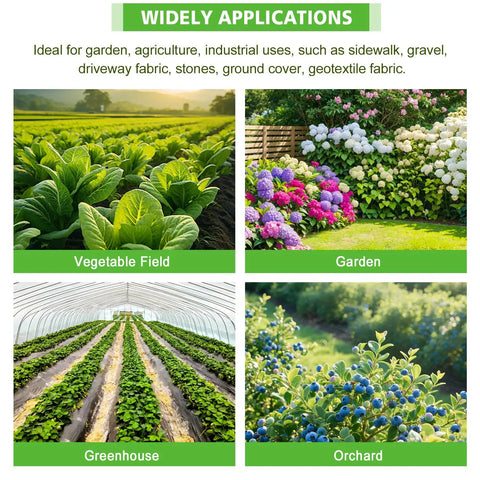 Wide applications of Heavy Duty Weed Barrier Landscape Fabric 3x100ft 3.2oz Garden Cloth in vegetable fields, gardens, greenhouses, and orchards.