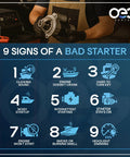 "9 signs of a bad starter chart with illustrations and person holding marine engine starter"