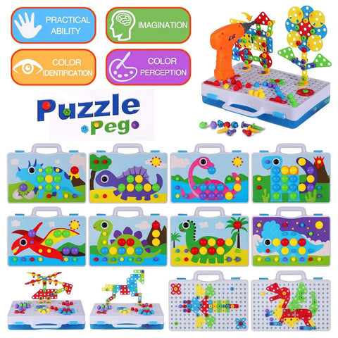 224 Piece Drill And Screwdriver STEM Building Set For Kids With 2D And 3D Blocks Kit Totally Great For Hands On Learning Fine Motor Skills And Creative Problem Solving, colorful puzzle peg case