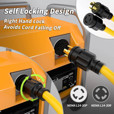 Beefy 50 Foot 30 Amp Generator Extension Cord 4 Prong NEMA L14-30P To L14-30R, demonstrating twist lock connection on generator