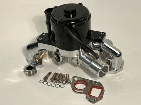 Badass High Flow Aluminum Electric Water Pump For Ls1 Ls2 Ls3 Ls6 Engines featuring polished chrome finish, assembly with gasket and bolts.