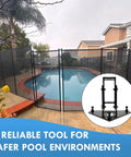 Smooth Operator Hammer Drill Guide For Pool Fences With Pro Level Bubble Indicator beside a pool safety fence installation.