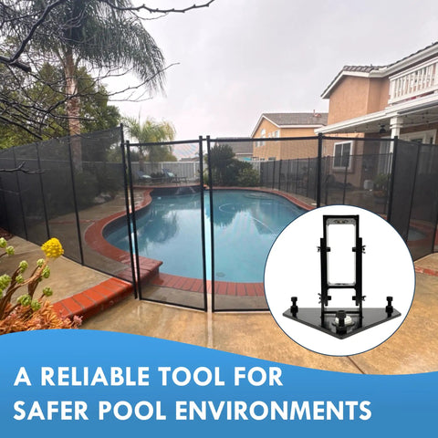 Smooth Operator Hammer Drill Guide For Pool Fences With Pro Level Bubble Indicator beside a pool safety fence installation.