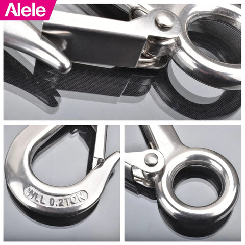 Alele 304 Stainless Steel Grab And Slip Hook Rigging Accessory with spring loaded latch, heavy duty lifting rated up to 440 lbs, close-up view.