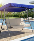 Outdoor swing with blue canopy near pool, showcasing Cozy Up Your Outdoor Swing With This 84 By 48 Inch Coffee Canopy Replacement Top Universal Waterproof Patio Swing Cover For 3 Seaters Great For Garden Yard Park And Porch.