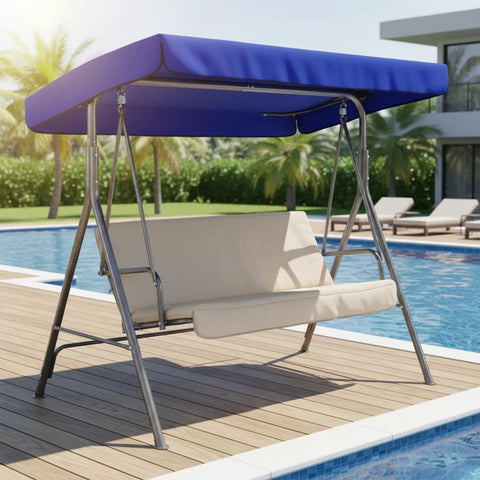 Outdoor swing with blue canopy near pool, showcasing Cozy Up Your Outdoor Swing With This 84 By 48 Inch Coffee Canopy Replacement Top Universal Waterproof Patio Swing Cover For 3 Seaters Great For Garden Yard Park And Porch.