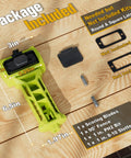 All-in-One Door Latch Kit With Built-In Scoring And Chisel For Quick, No-Hassle Door Prep components on wooden surface.