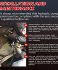 Technician installing hydraulic pump with guidelines on base, connections, and testing for Hydraulic Motor 104-1228-006 104-1228.