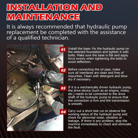 Technician installing hydraulic pump with guidelines on base, connections, and testing for Hydraulic Motor 104-1228-006 104-1228.