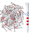 Bulk pack of 100 two and three quarters inch USA Stars and Stripes golf tees, plastic, red white blue flag design, high visibility