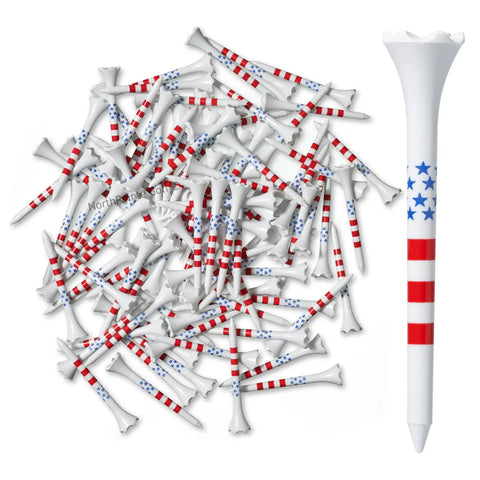 Bulk pack of 100 two and three quarters inch USA Stars and Stripes golf tees, plastic, red white blue flag design, high visibility