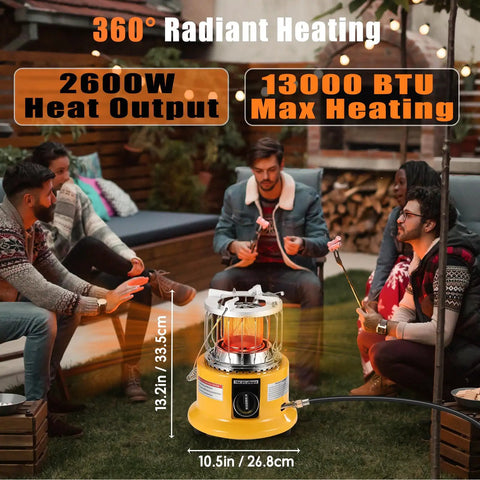 Two In One Propane Heater And Stove With 13000 BTU Output, yellow portable outdoor heater used by group around patio firepit.